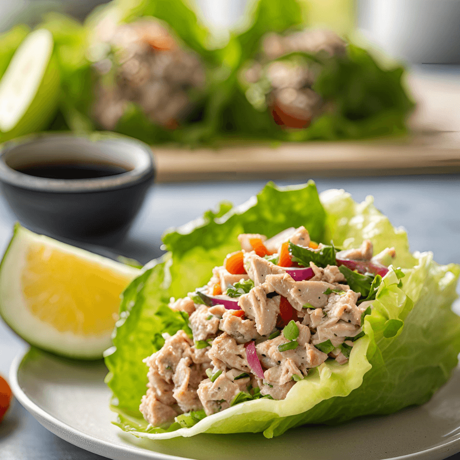 A fresh and colorful tuna salad with mixed greens, tomatoes, and a light dressing in lettuce wrap.