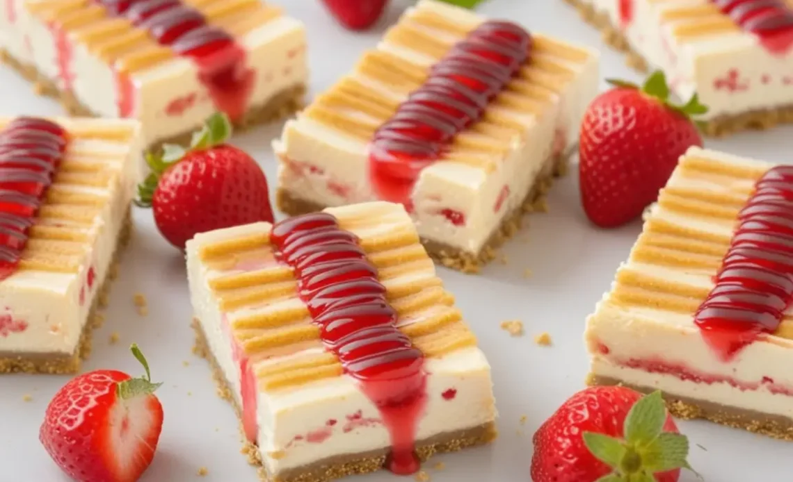 A beautifully plated slice of Philadelphia Strawberry Cheesecake Bar with a golden graham cracker crust, smooth creamy cheesecake filling, and a vibrant red strawberry topping